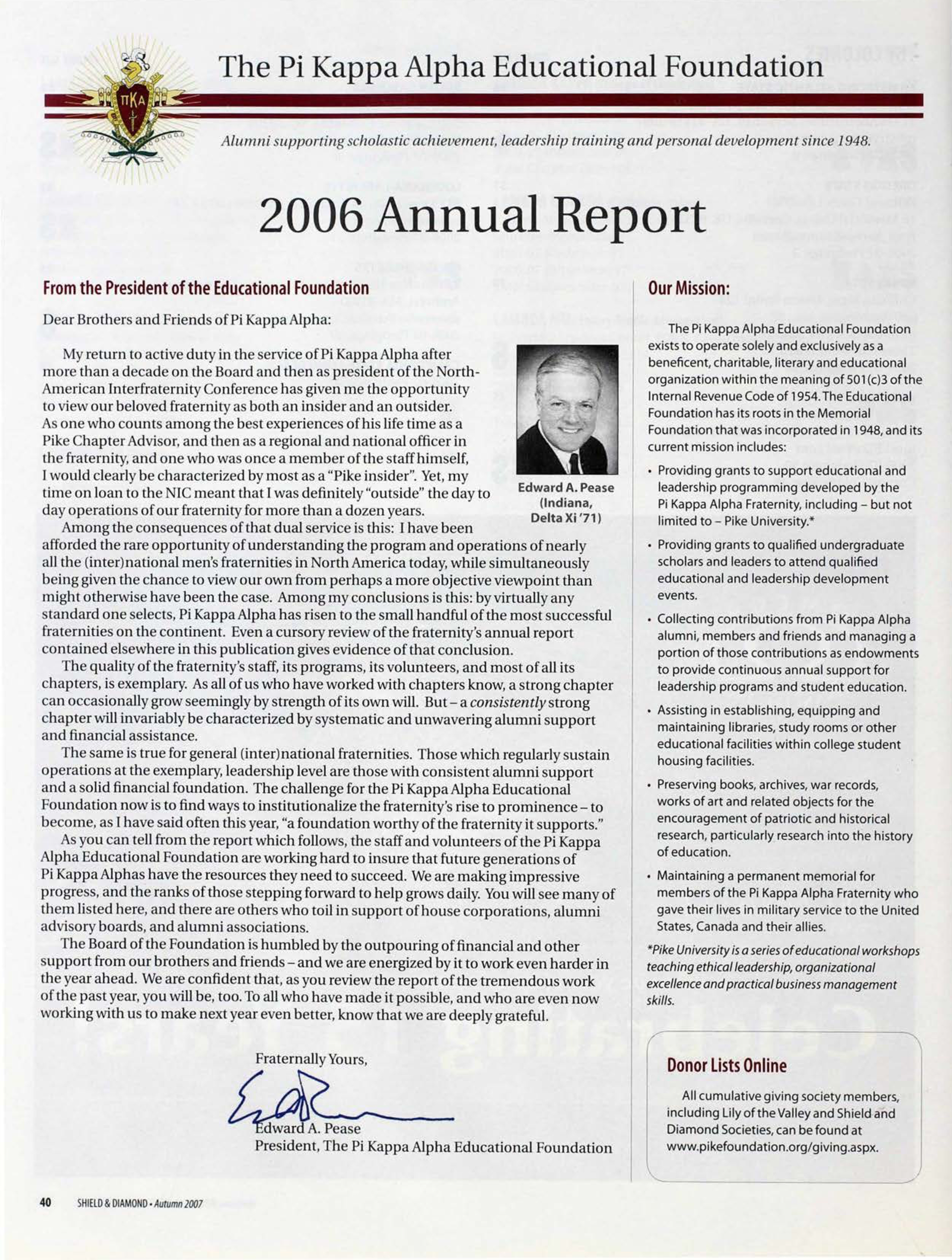 The Pi Kappa Alpha Educational Foundation: 2006 Annual Report, Autumn 2007